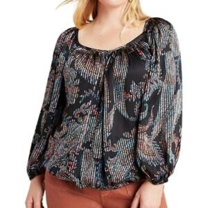 Maeve by Anthropologie Madeira Burnout Satin Boho Long Sleeve Blouse